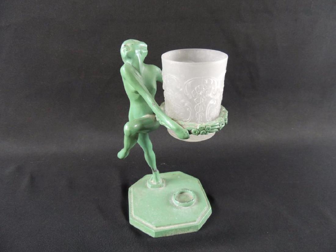 Antique Frankart '27 Green Metal Woman Statue Vase: 10"x5"x5"