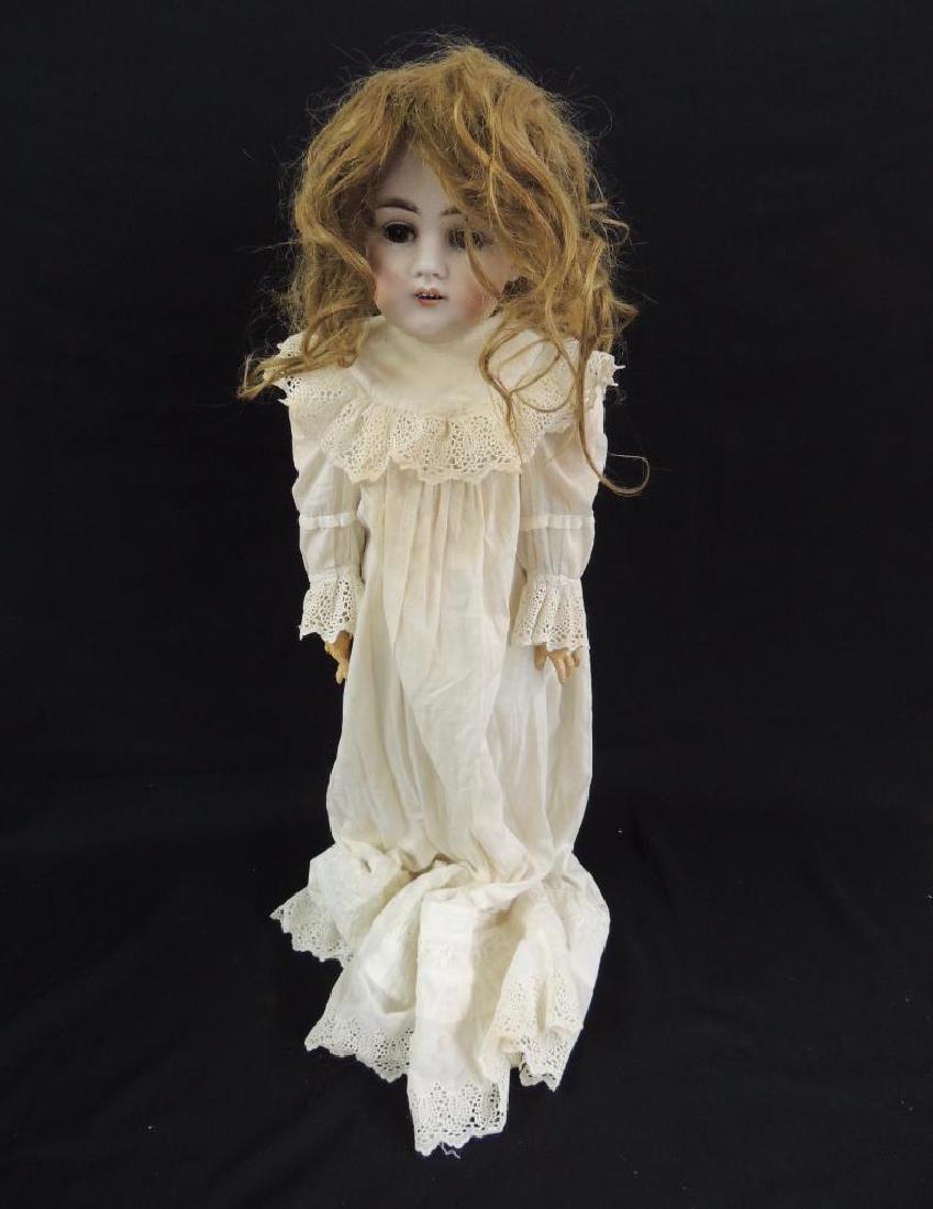 Antique Bisque Doll with White Dress: 27" Tall, Hair is Removed, Broken Left Hand Pinky, Blonde Hair, Brown Eyes, Open Mouth with 4 Teeth