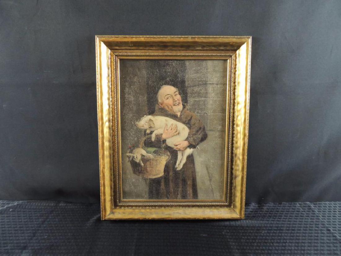 Antique Monk Holding Pig in Gilded Frame (1 of 1)