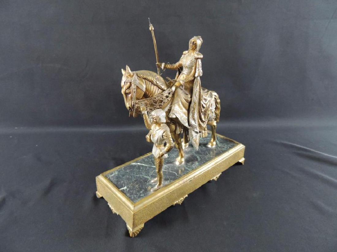 Antique Brass Statue Featuring Woman on Horse with Boy: 12"x12"x5", Some Damage