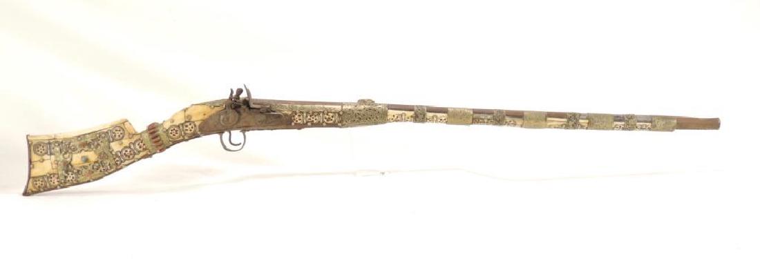 Middle Eastern Flint Lock "Camel" Gun/Jezail Musket: 48", Bone Inlay, Ornate Metal Work, Stones