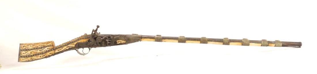 Middle Eastern Flint Lock "Camel" Gun/Jezail Musket: 52", Bone Inlay, Ornate Metal Work, Stones