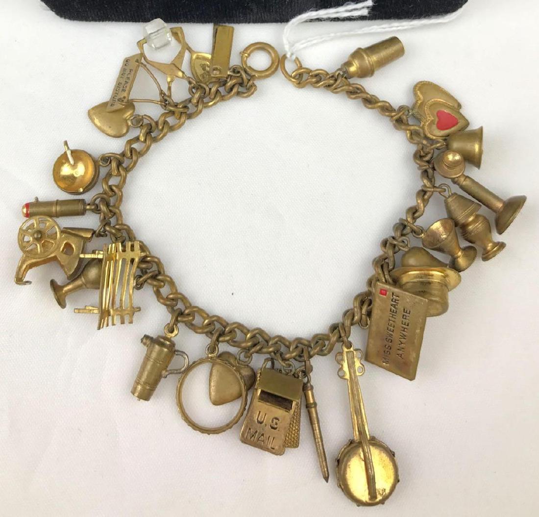 Vintage Brass Charm Bracelet W/ 25 Charms