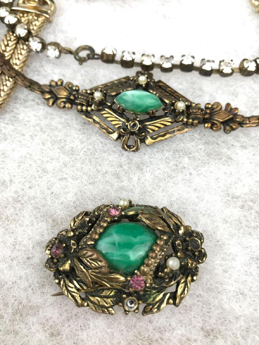Vintage Green Stone Set and Sparkly Necklace: Green stone necklace measures 15", bracelet 7", brooch 2" x 1-1/4"; sparkly necklace measures 15"