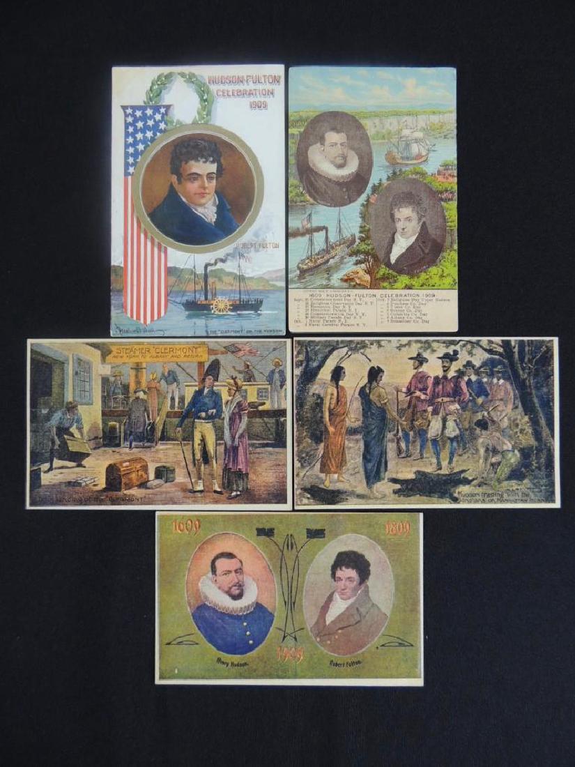 Hudson - Fulton 1909 Celebration Postcards Multiple: Group of 5 Postcards Featuring Robert Fulton and Henry Hudson, Steamboats, Native Americans, and More