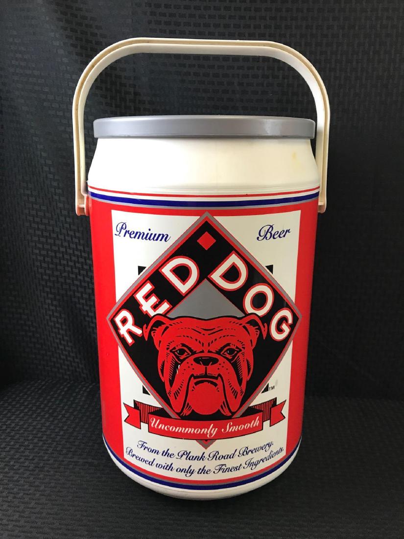 Red Dog Beer Can Cooler: Plastic, 24.5" tall with handle. A few stains.