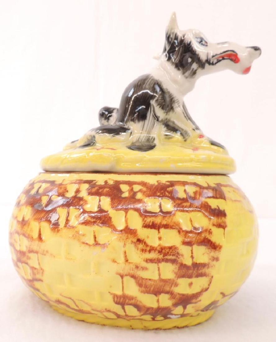 Hull Little Red Riding Hood Wolf Gease Jar Yellow: 6" tall. A few paint chips on basket. Marked USA.