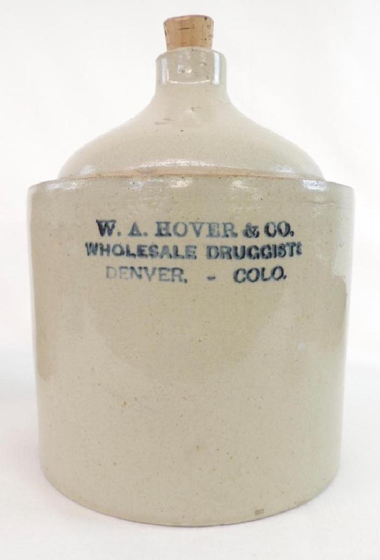 1 Gallon Red Wing Advertising Crock Jug with Cork: 9 1/2" tall. W. A. Hover & Co. Wholesale Druggists, Denver, Colorado