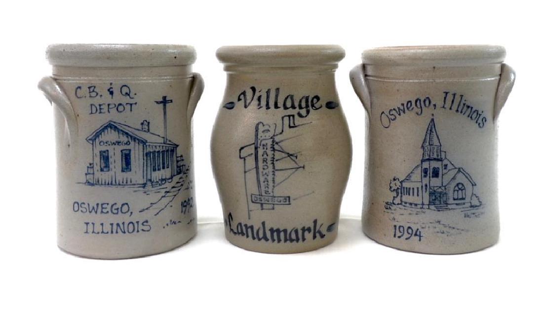 3 Salt Glaze Oswego IL History Crocks: CB&Q Depot (Rockdale 1994), Oswego church (Rockdale 1994), Oswego Hardware (Rowe 1999).