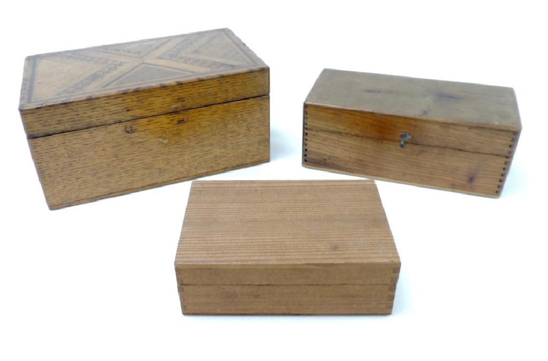 Group of 3 Antique Wood Boxes: Largest box is 8 3/4" long. One piece od wood inlay is missing.