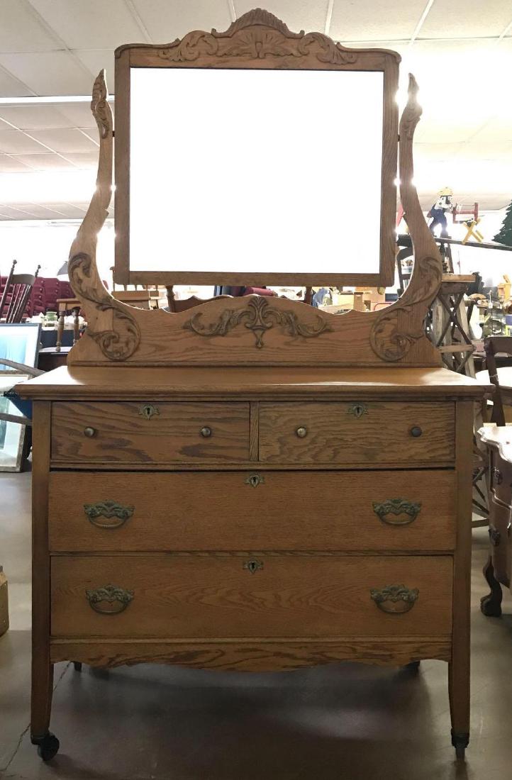 Antique oak four drawer dresser with mirror: 44" x 21" x 77"