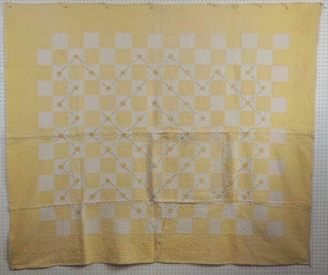Antique Hand Quilted Yellow Checkerboard Pattern Quilt (1 of 3)