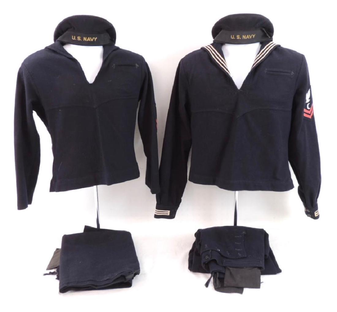 Group of 2 WW2 U.S. Navy 3rd Class Storekeeper and: Stewards 2nd Class, Featuring 2 Jumpers, 2 Pairs of Pants, Patches, and 2 Hats