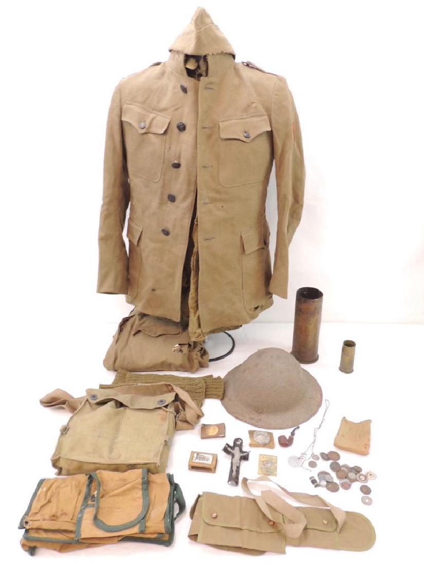 WW1 U.S. Army Named Medical Dept. Uniform Grouping: Dog Tag Reads Robert D. Schumacher, Featuring Tunic, Shirt, Pants, Gas Mask, Helmet, Handmade Cross, Matchbook Holders, Tobacco Pipe, Pouches, German Coins, and More