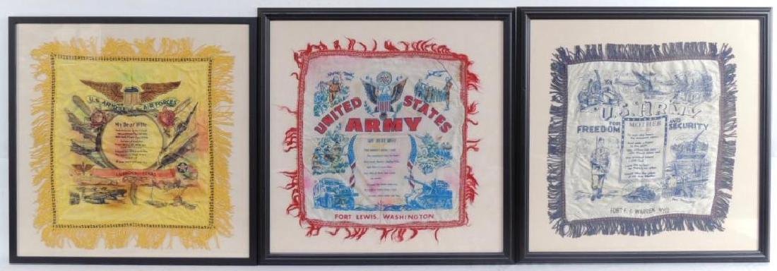 WW1/2 Group of 3 US Souvenir Silk Pillow Cases Framed: US Army Fort Lewis, Washington, Fort FE Warren, WYO, US Air Forces Lubbock, Texas, "26x26"