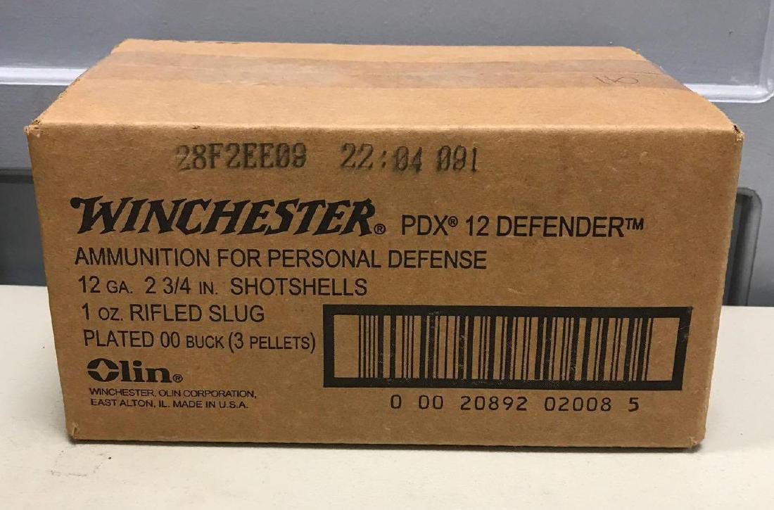 Box of Winchester PDX 12 defender 12 gauge shotgun: 2 3/4 inches 1 ounce rifle slug plated 00 buck, 10 boxes,