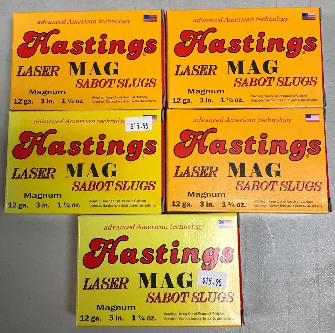 Five boxes of Hastings Lazer mag 12 gauge saber slug: 3", 1/4oz, full boxes, five cartridges each