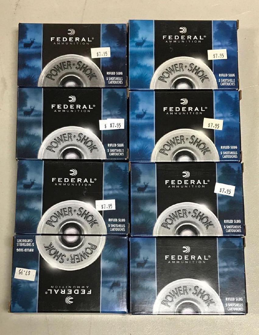 Eight boxes of federal power shok 12ga Shotgun: 3", 1 1/4 ounce, Magnum rifled slug HP, full boxes, five cartridges each