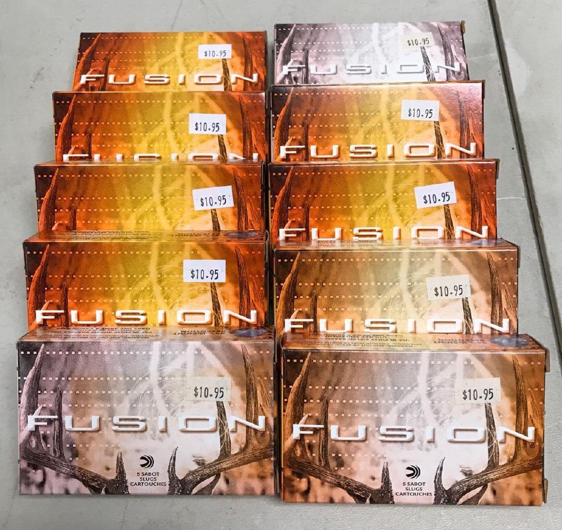 10 boxes of Fusion 12 gauge shotgun ammunition: 2 3/4" 7/8 oz, Saber slugs, full boxes, five Cartridges each