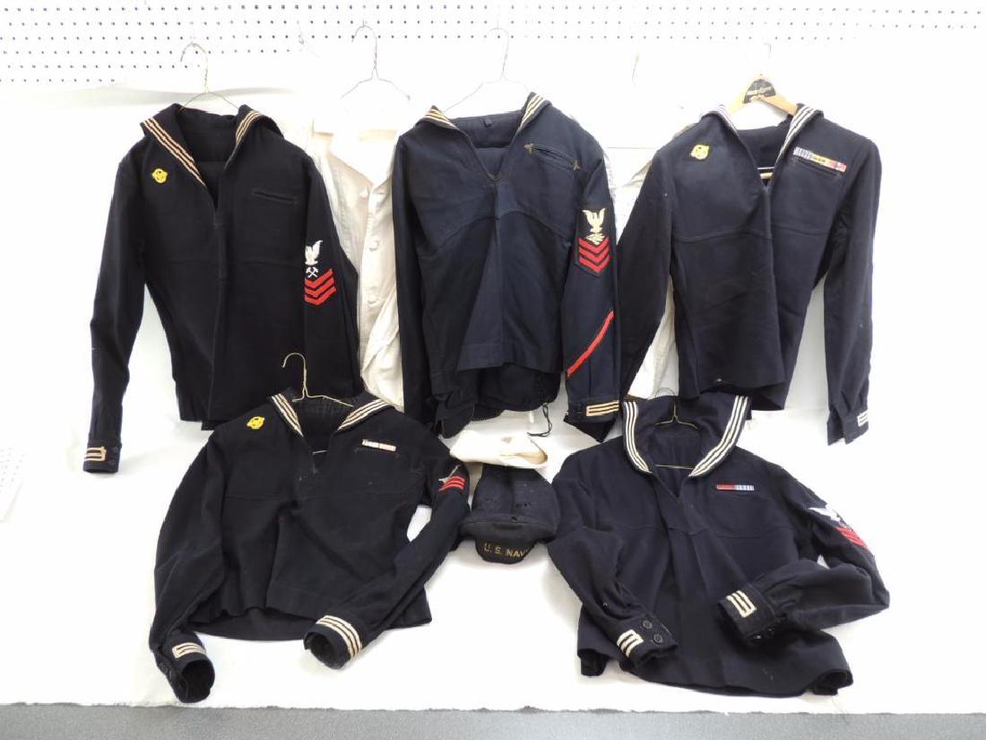 Group of 7 WW2 U.S. Navy Uniforms: Featuring Jumpers, Pants, and Hats