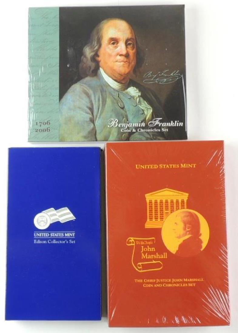 Group of 3 Silver Coin Collector United States Mint: Includes original boxes - John Marshall and Benjamin Franklin Sets are unopened and contain and uncirculated silver dollar coin; Edison Set contains 2004-P uncirculated Silver Dollar Coin