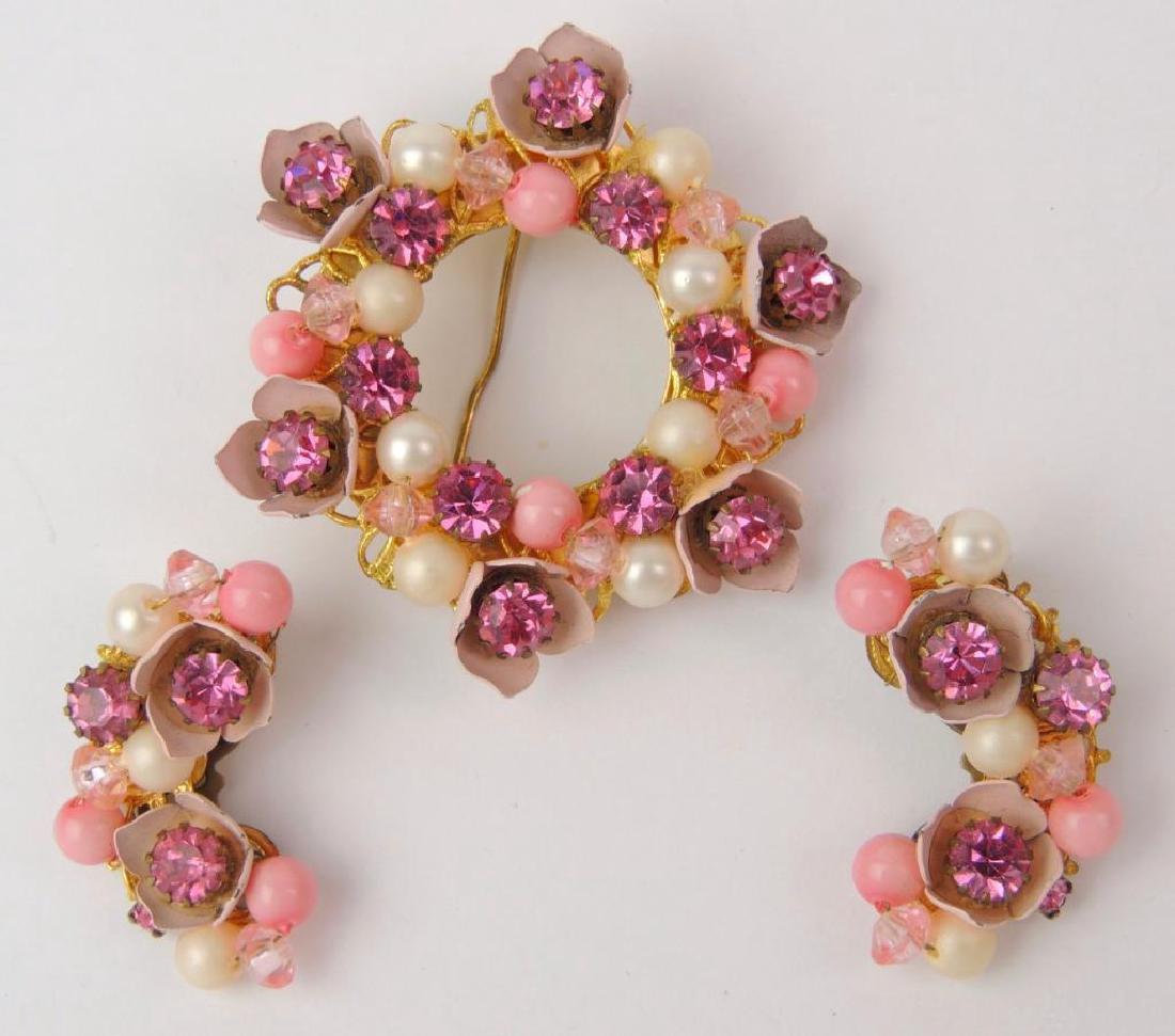 Pink Rhinestone Brooch and Earring Set : Signed Weiss (1 of 3)
