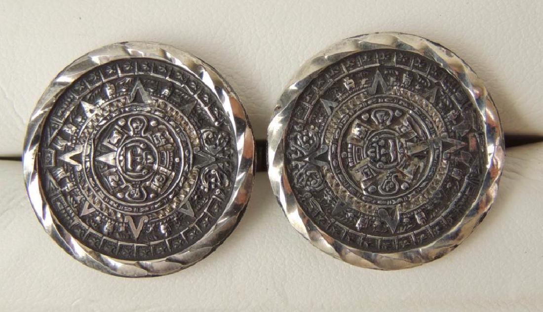 Pair of Sterling Silver Cufflinks : Signed J.H.S.: This pair of sterling silver Mayan calendar cufflinks measure 3/4" and is marked J.H.S. and 925 Mexico.