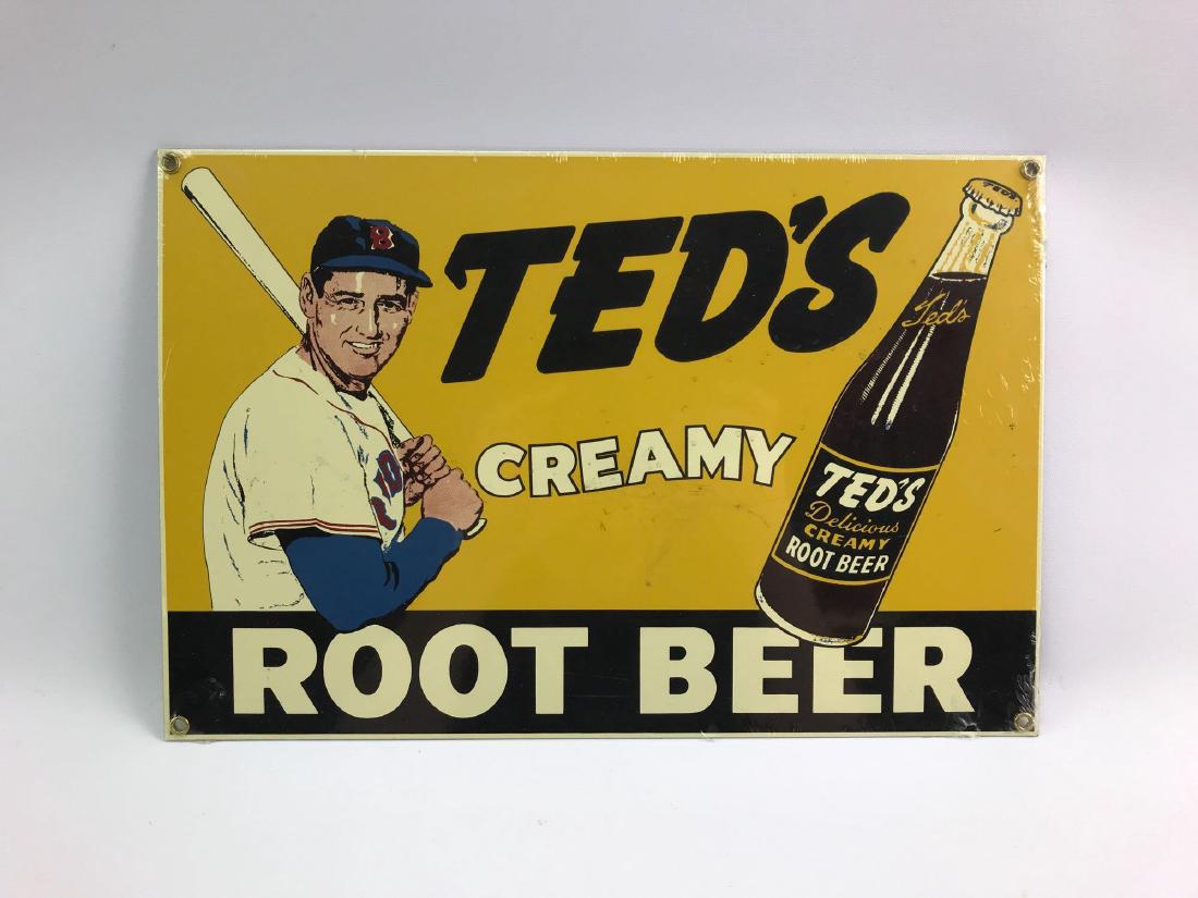 Teds creamy root beer metal advertising sign: Reproduction, 15" x 10"