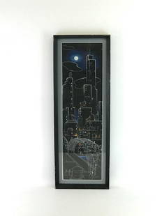 Charles Ragland Bunnell - Cityscape Serigraph: Framed and matted Serigraph measures 11" x 31". Brunnell was a WPA artist from 1934 to 1941 as was known for his abstract yet figurative murals commissioned duringthis time. His style evolved towards