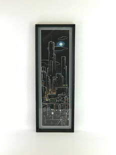 Charles Ragland Bunnell - Cityscape Serigraph: Framed and matted Serigraph measures 11" x 31". Brunnell was a WPA artist from 1934 to 1941 as was known for his abstract yet figurative murals commissioned duringthis time. His style evolved towards