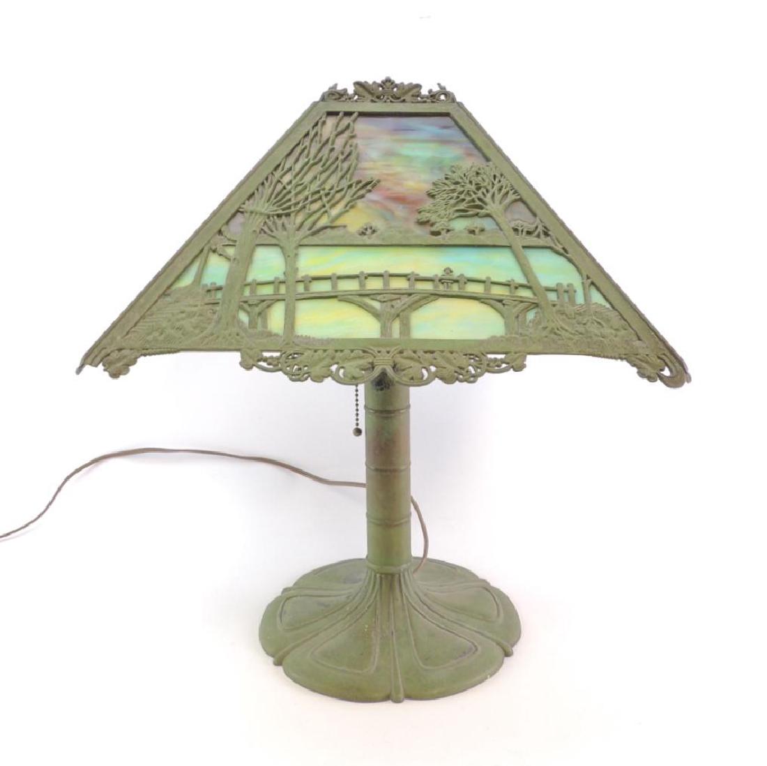 Antique Slag Glass Copper Lamp w/ Bridge and Castle (1 of 10)