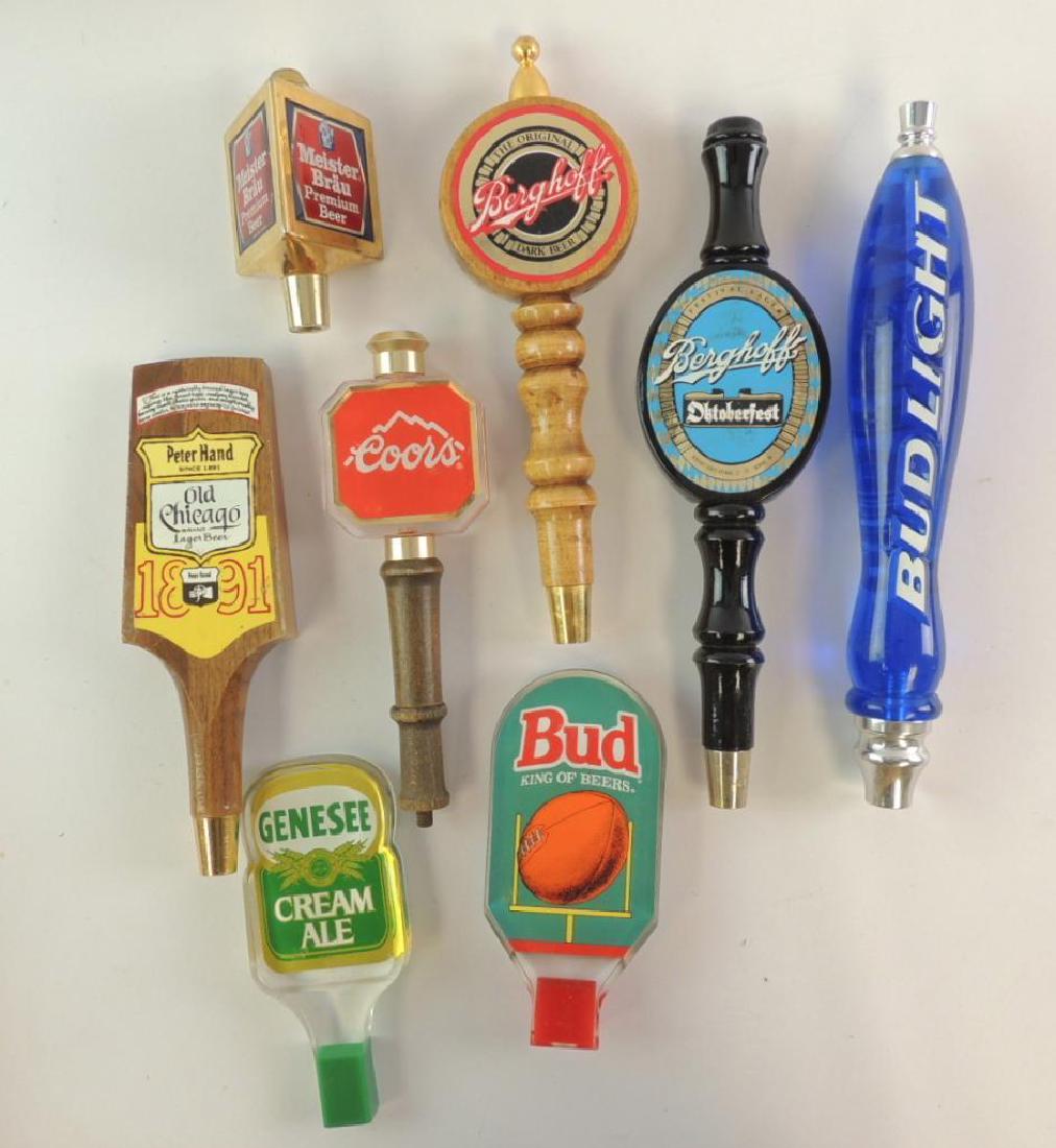 Group of 8 Advertising Beer Tappers: Featuring Bud, Meister Brau, and More, Largest 12"x3"