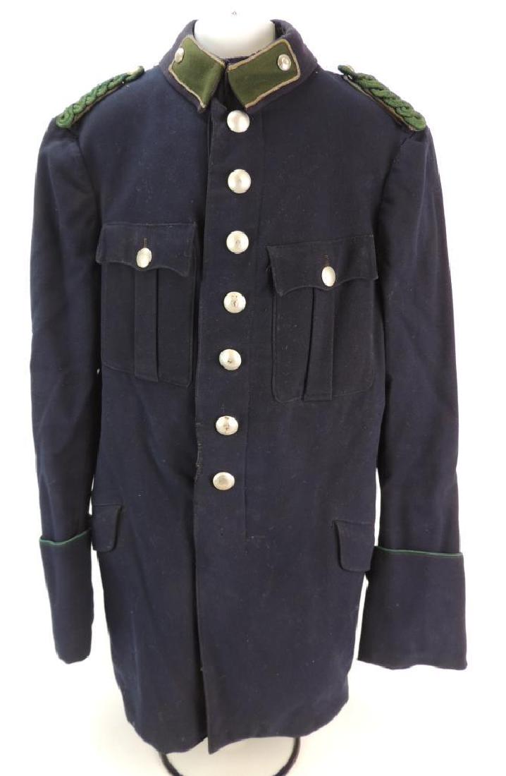 Pre WW2 German Civil Police Tunic: Green Shoulder Boards, Silver Piped Prussian Style Collar Tabs, OBW 3 24 320 Stamped in orange ink on the inside of tunic as well as 3 other ink stamps and a Warner Brothers barcode sticker, May Very