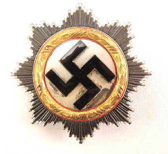 WW2 German Cross in Gold: 2 1/2"x2 1/2", Reverse of pin stamped "20" for Zimmerman. Cupal badge shows wear/age and toning to silver center disc with attached enameled swastika showing NO chips or damage. Gold wreath shows almo