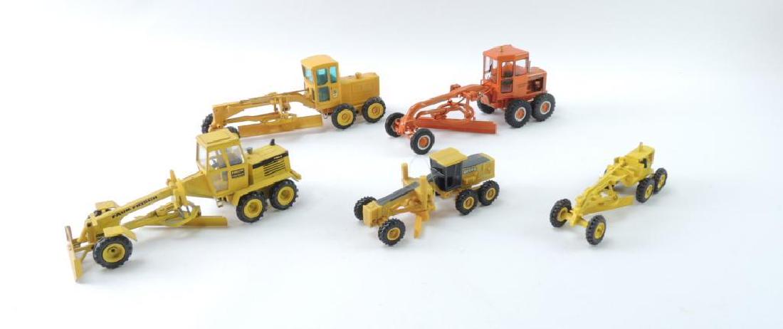 Group of 5 Die-Cast Toy Road Graders: Various Scales, Largest 1/50, Featuring Caterpillar, AC, and More. Manufacturers Include, Gescha, Conrad, and Others
