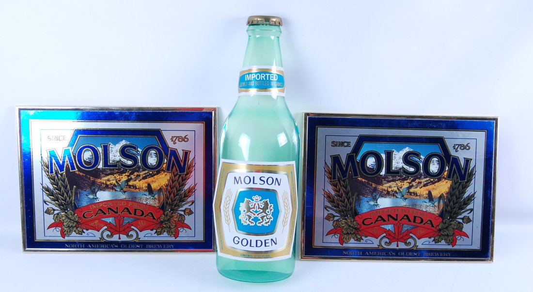 Group of 3 Vintage Molson Advertisments: Includes 2 Cardboard signs and half bottle sign 16"x12", Circa 1980's