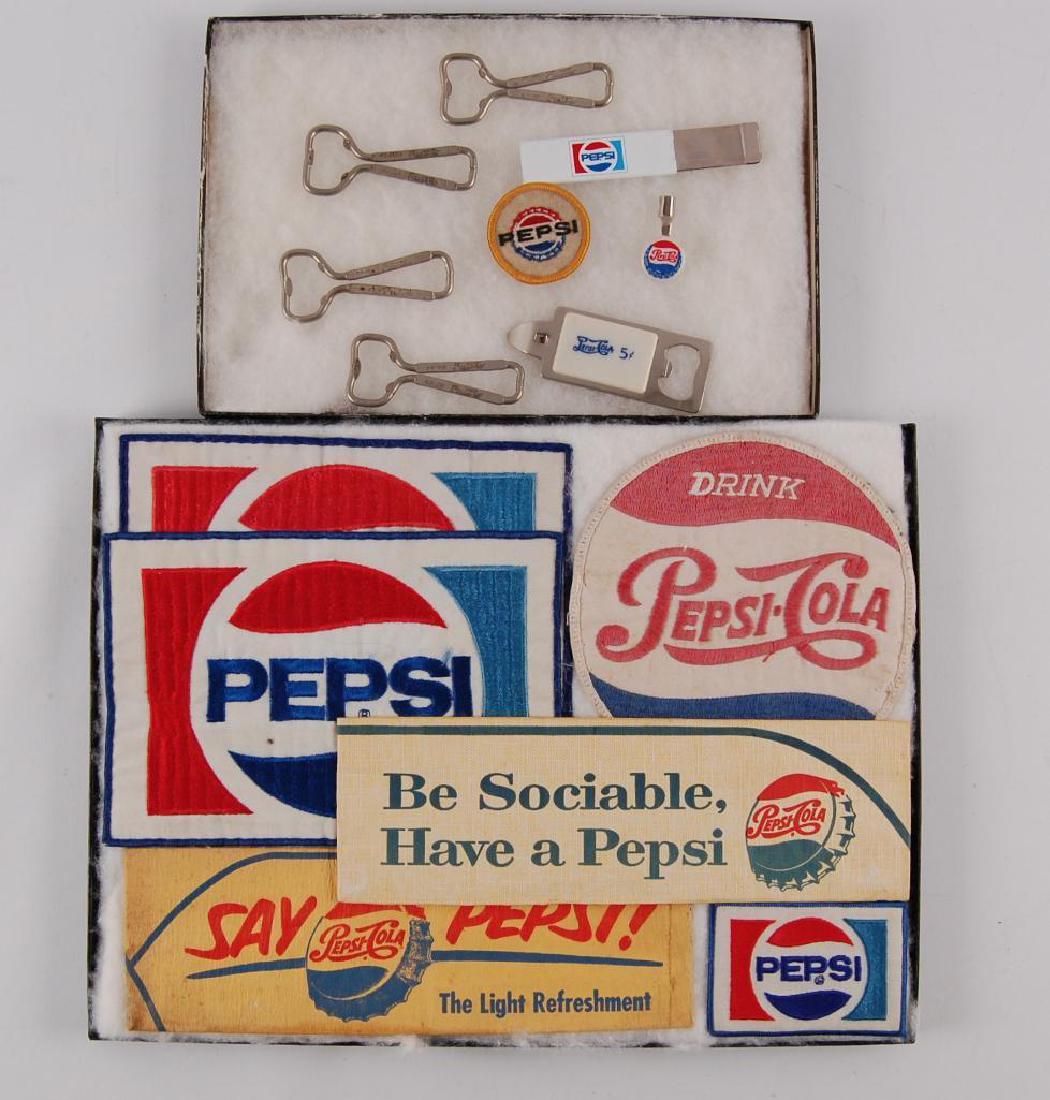 Group of Vintage Pepsi-Cola Advertising Items: Includes Patches, Bottle openers, and More