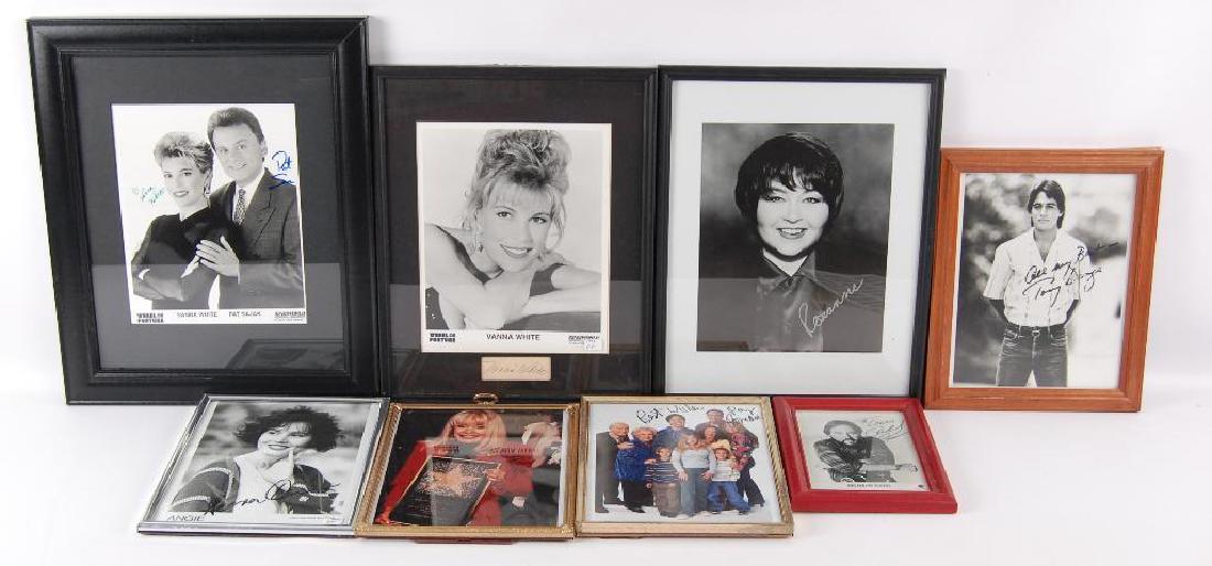 Group of 8 Signed Photographes of Movie and TV Stars: Signatures Include Richard Karn, Ray Ramono, Terry Moore, Gina Davis, Vanna White, Pat Sajak, Rosanne Barr, and Tony Danza, Largest 13 1/2"x16 1/2"