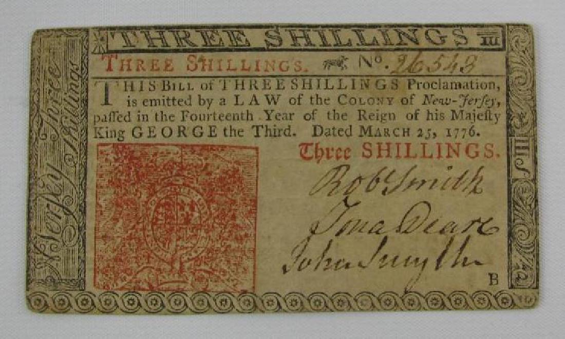 Colonial Currency : 3 Shilling Note from New Jersey - (1 of 2)