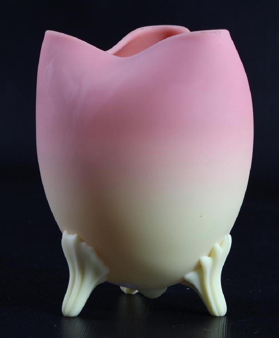 Satin Glass Peachblow Crimped Rim Vase: 6 x 4-3/4 x 4-3/4. Peachy hues at rim transition to a light lemon custard at base and applied feet.