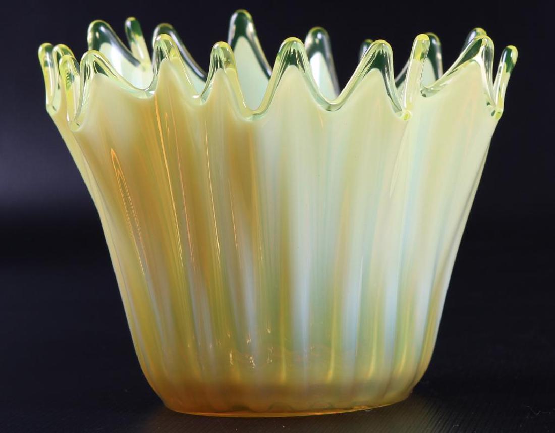 Fostoria Vaseline Yellow Opalescent Handkerchief Bowl: 4-1/2 x 6 x 6.