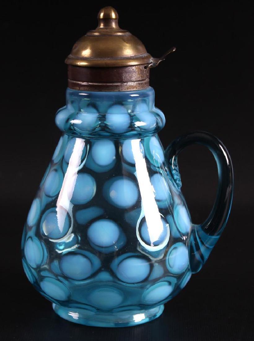 Blue Opalescent Coin Spot Glass Syrup Pitcher (1 of 5)