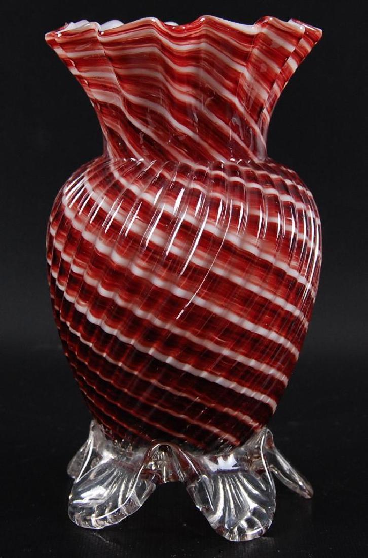 Antique Cased Glass Red and White Swirl Footed Vase (1 of 3)
