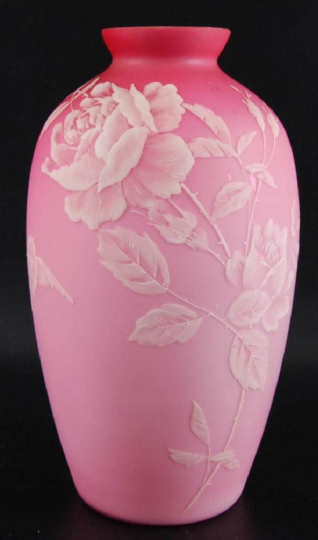 Antique Pink Satin Cased Glass Enamel Painted Vase with (1 of 4)