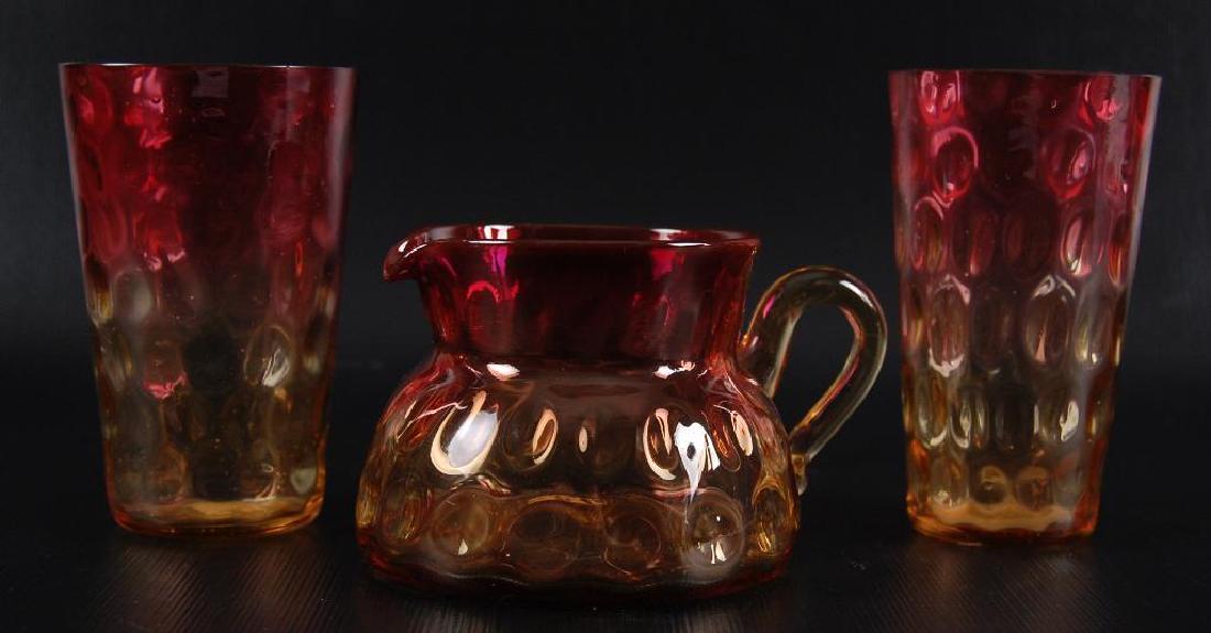 Group of 3 Amberina Coin Dot Creamer and 2 Tumblers: Creamer 4 x 2-1/2 inches; tumbler 3-5/8 x 2-3/8 inches