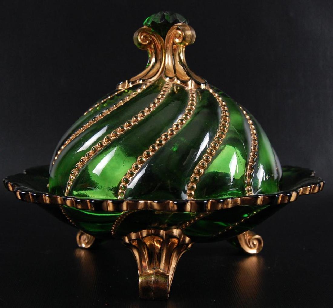 Antique Emerald Green and Gold Scroll Footed Butter (1 of 2)