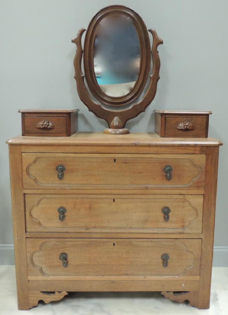 Antique Walnut Three Drawer Dresser With Oval Mirror Sep 01
