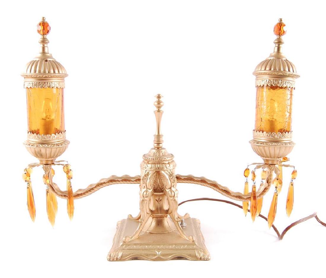 Antique Ornate Brass Lamp with Amber Glass Shades (1 of 3)