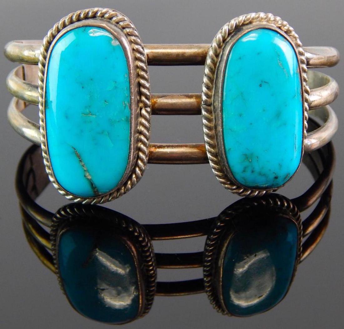 Vintage Sterling Silver & Turquoise Double Stone Cuff (1 of 4)