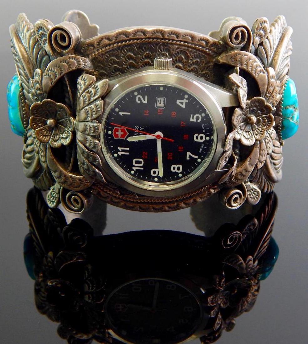 Very Large Sterling Silver & Turquoise Watch Cuff (1 of 6)